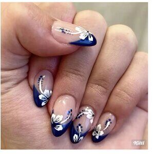 24 PC Press on Nails, Blue Hawaiian Design, Medium Almond Style (New)